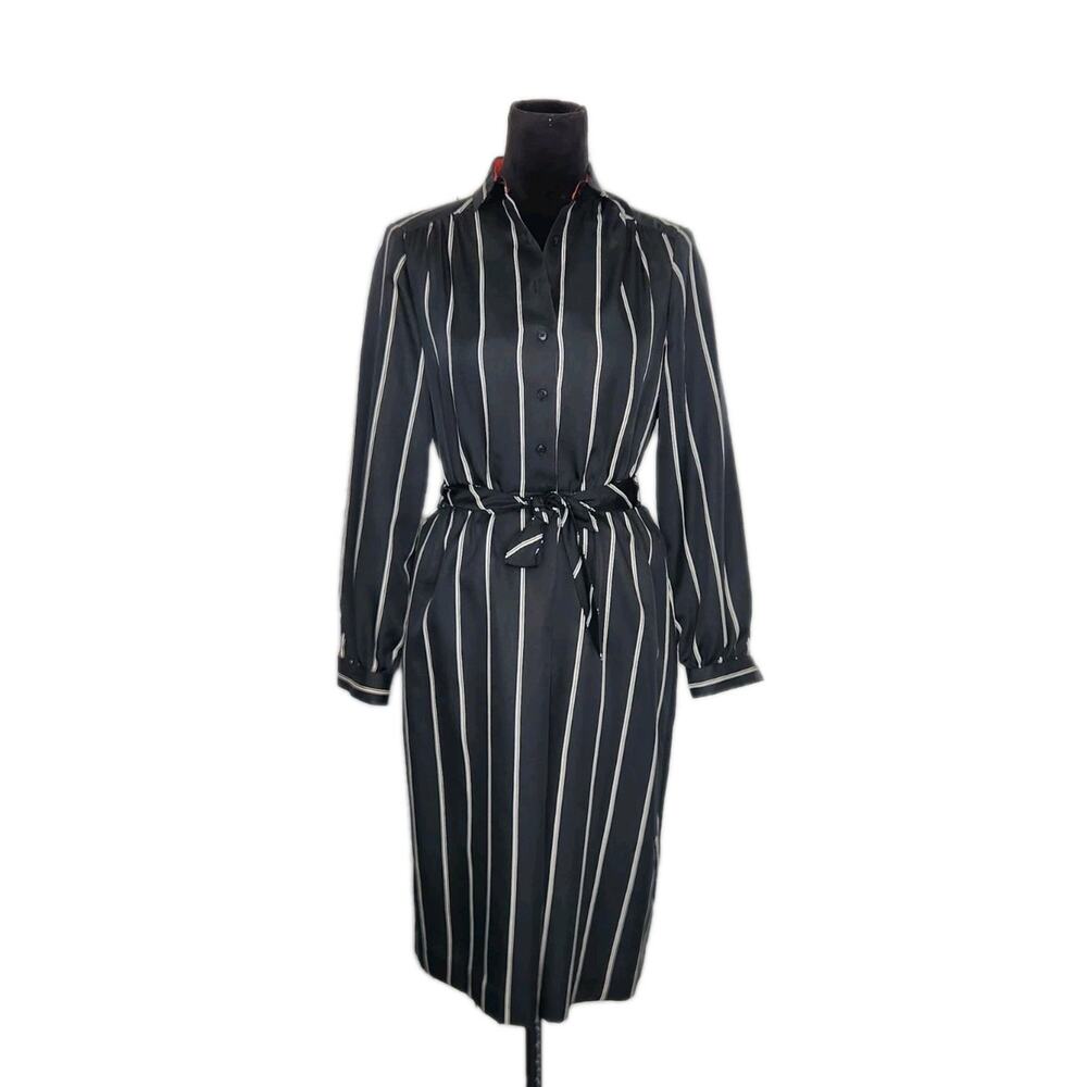 Vtg 80s Schrader Sport Saks Fifth Avenue Striped Shirt Dress Belted Black Size 8
